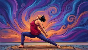 Stylized illustration of a woman in a yoga pose against a colorful, swirling background.