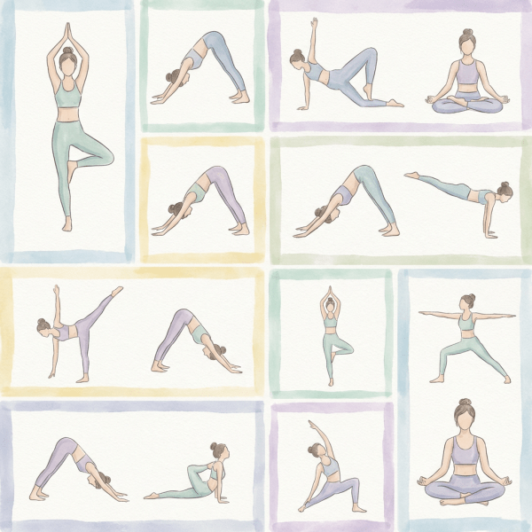 Watercolor grid illustration showing a woman performing various yoga poses in pastel-colored frames.
