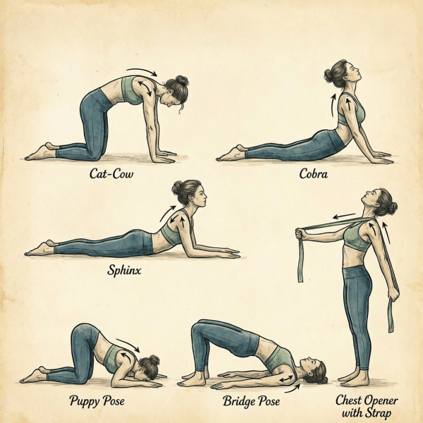 Yoga Poses for Rounded Shoulders including Cat-Cow, Cobra, Sphinx, Puppy, Bridge, and Chest Opener.