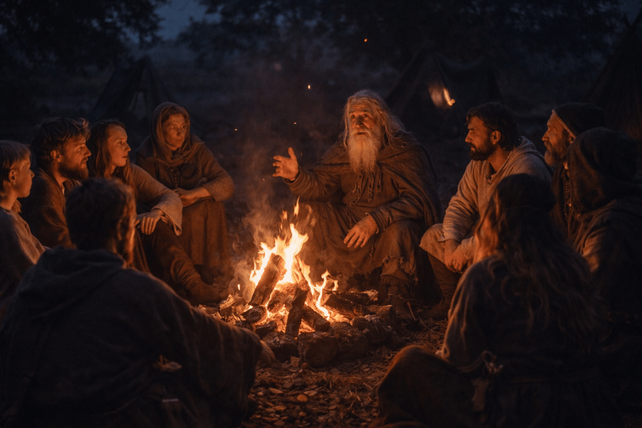 Group of people sitting around a campfire at night, listening to an elderly man speaking